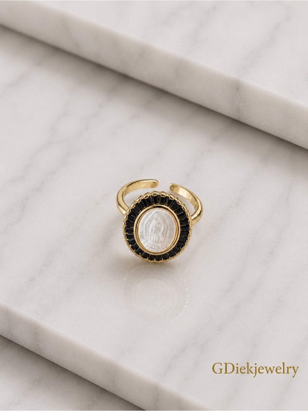 Goldfilled Adjustable  Ring with Black Baguette Accents and White Center